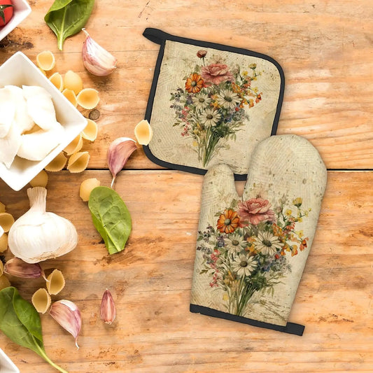 Vintage Floral Flowers Oven Mitts and Pot Holders Set