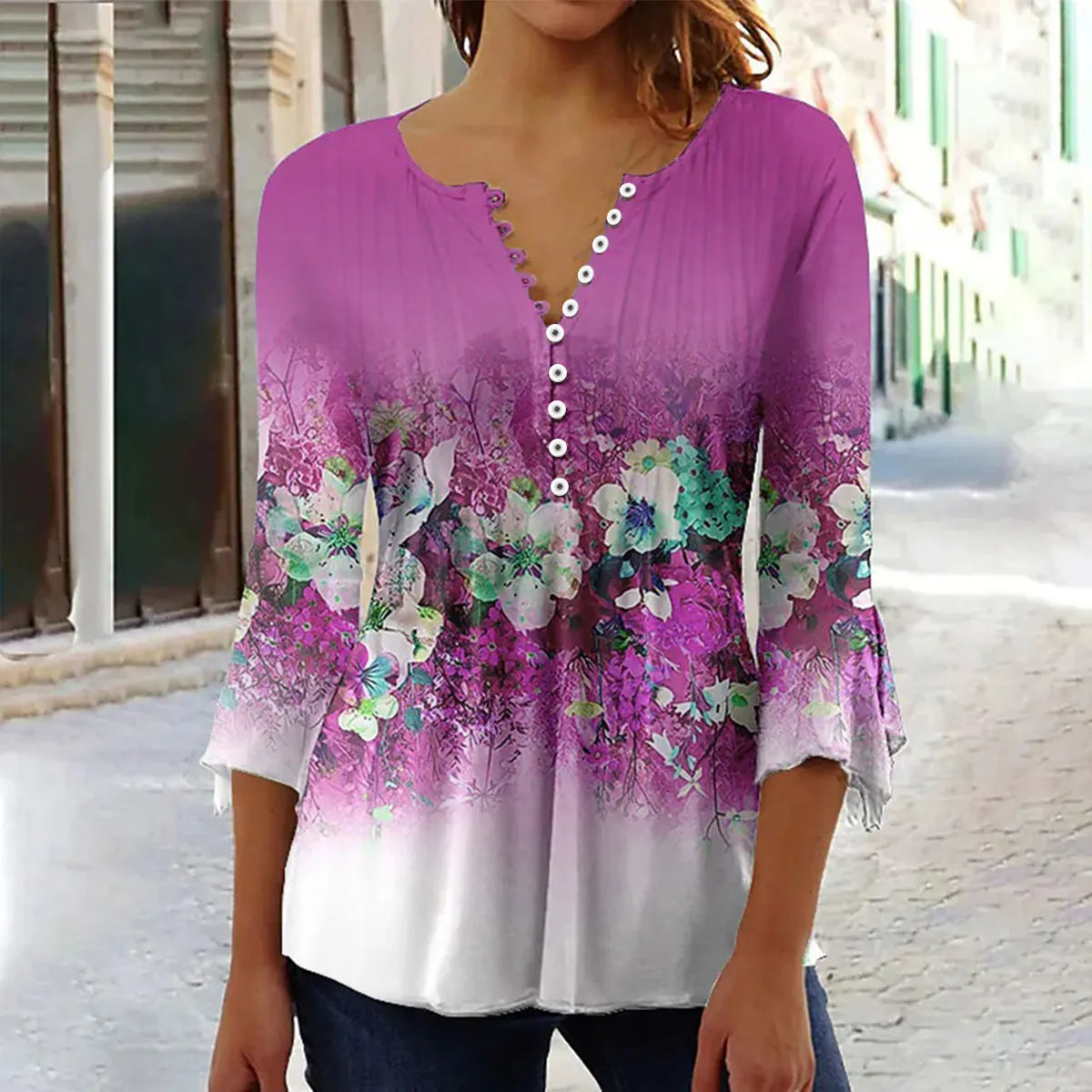 Women'S V-Neck Button-Down T-Shirt