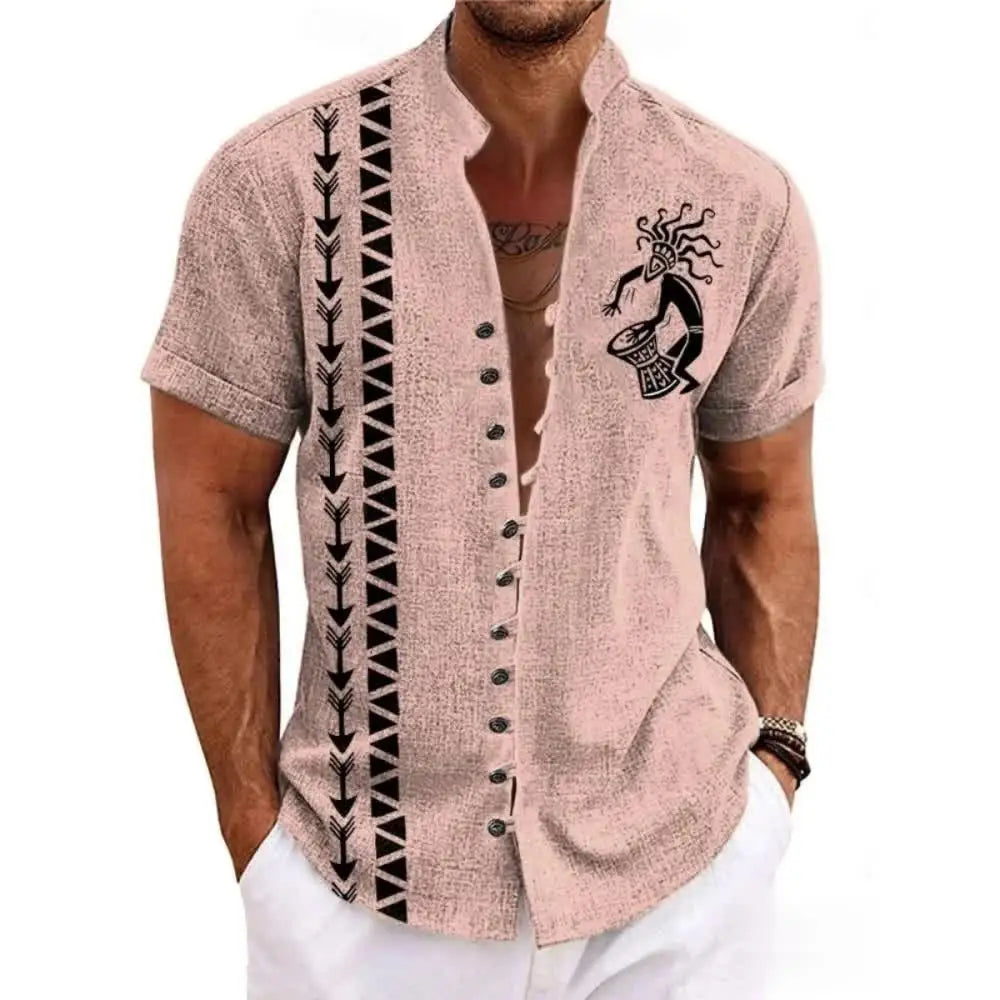 Men's Linen Short-Sleeved Shirt Ethnic Totem Print