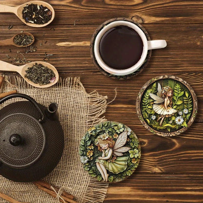 6 Pieces Wooden Coasters Green Elf Pattern