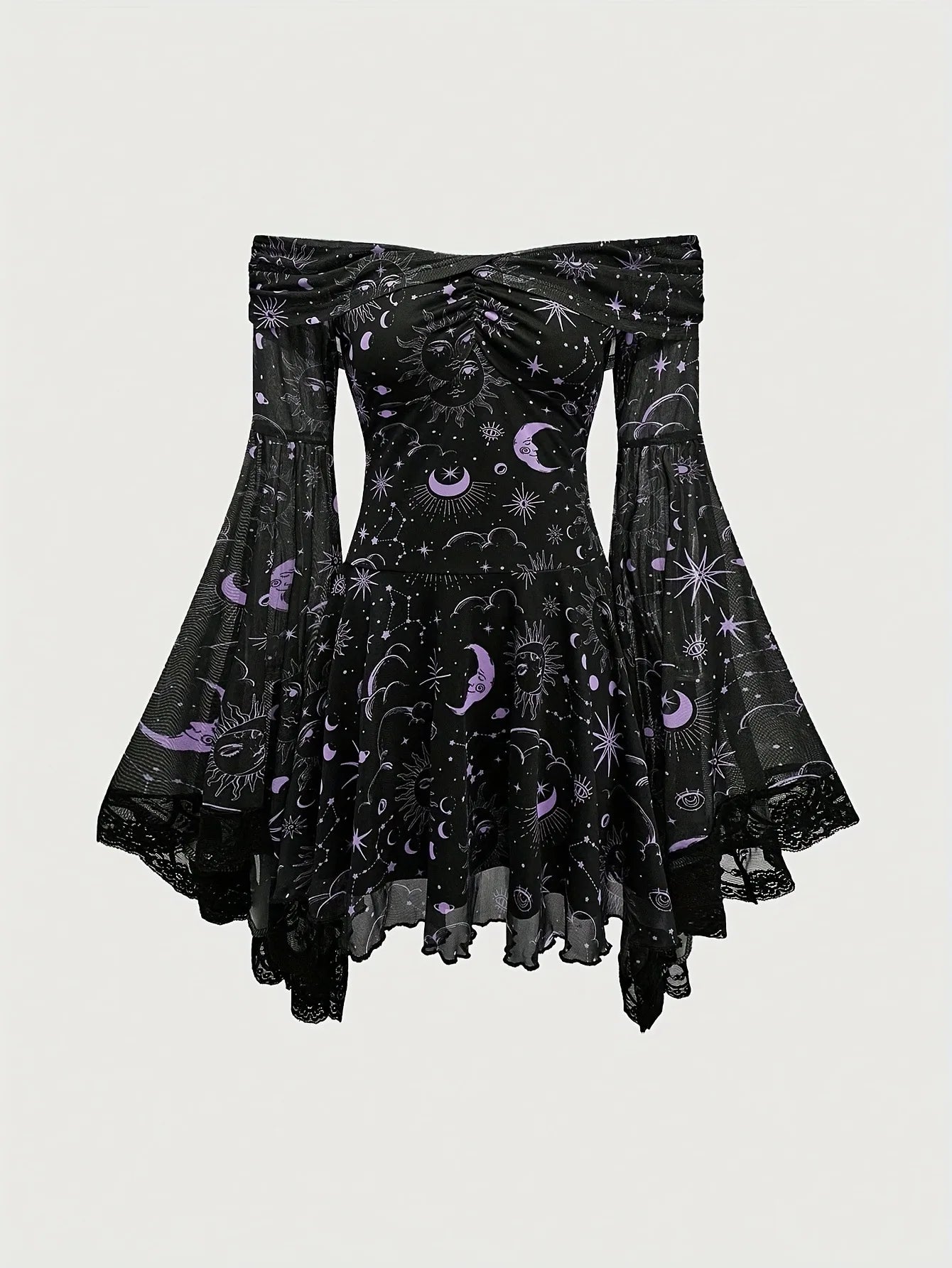 Gothic Style Vintage  Star Moon Long Sleeve A- Line Dress