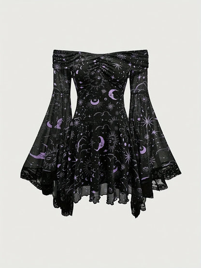 Gothic Style Vintage  Star Moon Long Sleeve A- Line Dress