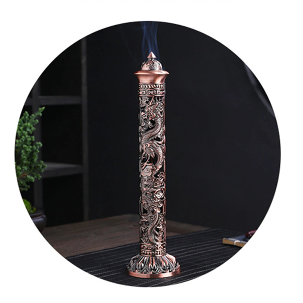 Archaize Vertical Incense Burner Buddha Heart Sutra Dragon Phoenix Pillar Metal Thread Incense Stick Home Office Decoration
