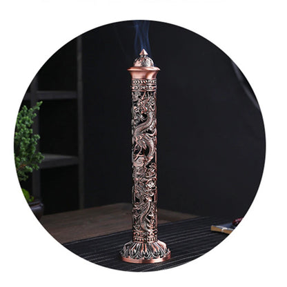 Archaize Vertical Incense Burner Buddha Heart Sutra Dragon Phoenix Pillar Metal Thread Incense Stick Home Office Decoration