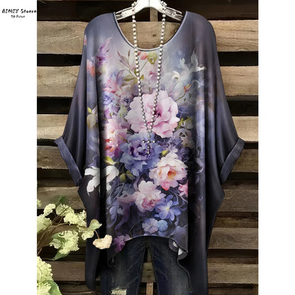 Butterfly Flower Pattern Printed Tail Hem Round Neck T-Shirt