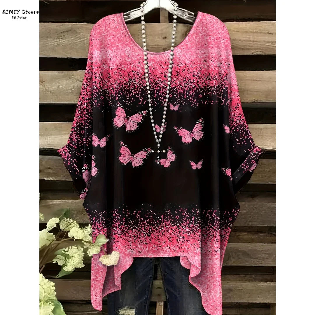 Butterfly Flower Pattern Printed Tail Hem Round Neck T-Shirt