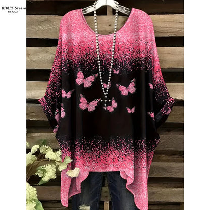 Butterfly Flower Pattern Printed Tail Hem Round Neck T-Shirt