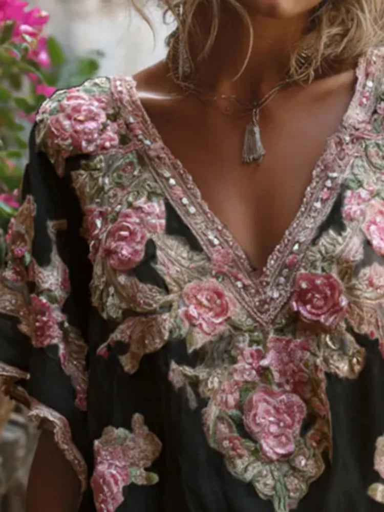 Floral Print Loose Tops Casual V-neck Short Sleeve