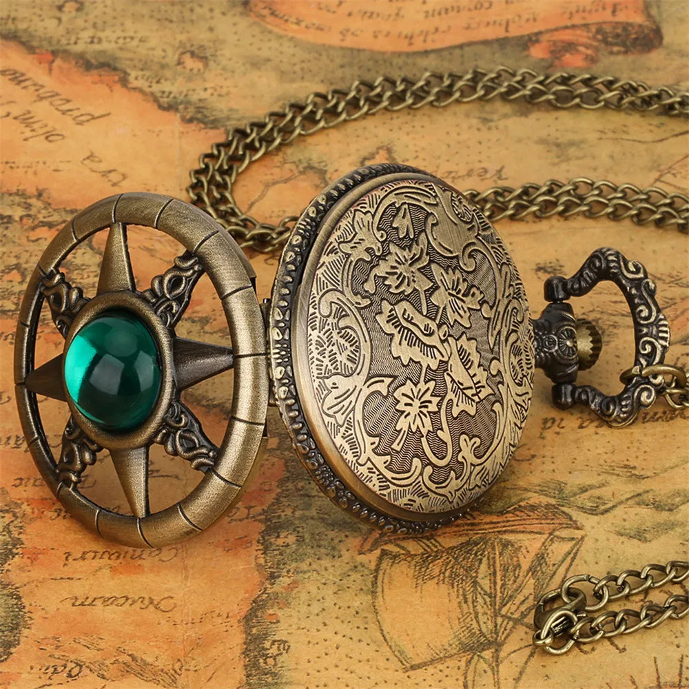 Hollow Sun Rhinestone Decorated Chic Bronze Quartz Pocket Watch Men Women Black Starry Roman Numerals Fob Chain Pendant Clock