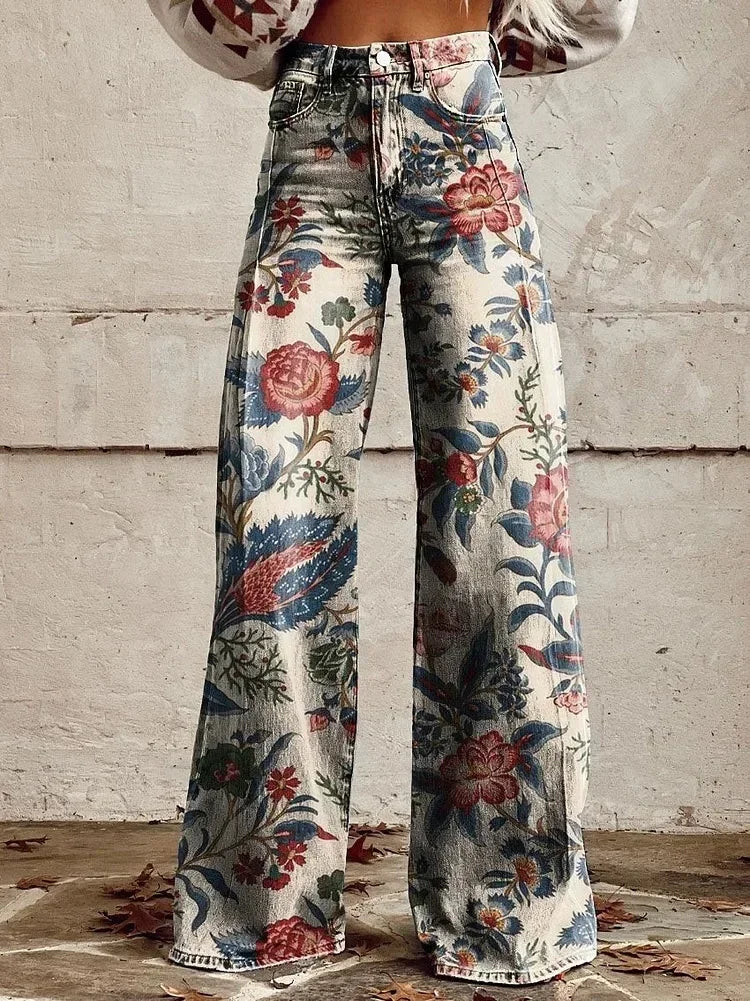 Ameican Fashion Women Pants High Waist Floral Printed