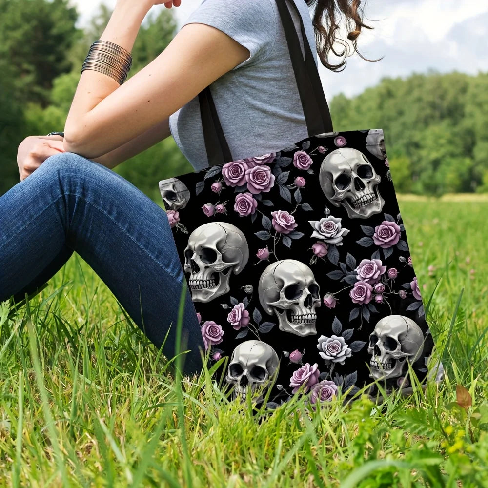Gothic Rose Floral Skull Tote Bag