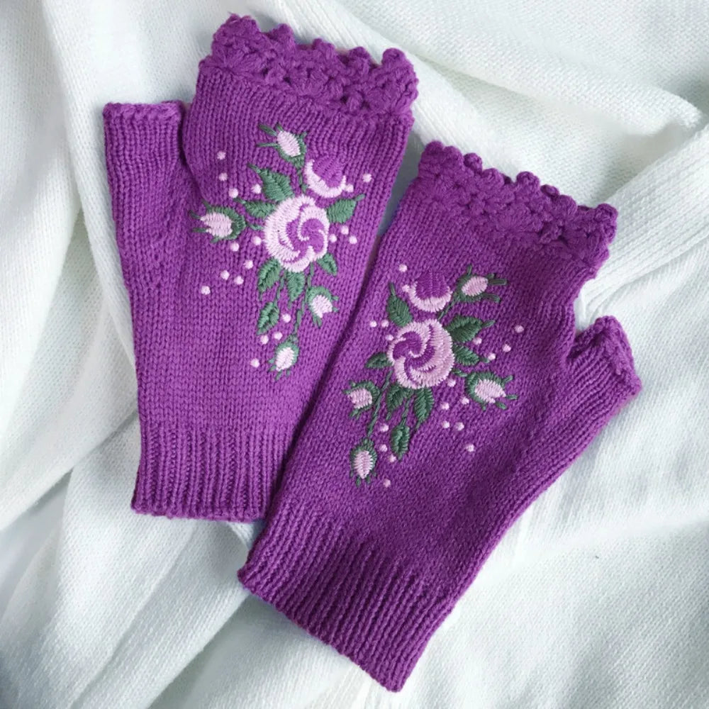 Vintage Embroidery Knitted Fingerless Gloves