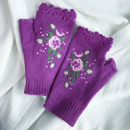 Vintage Embroidery Knitted Fingerless Gloves