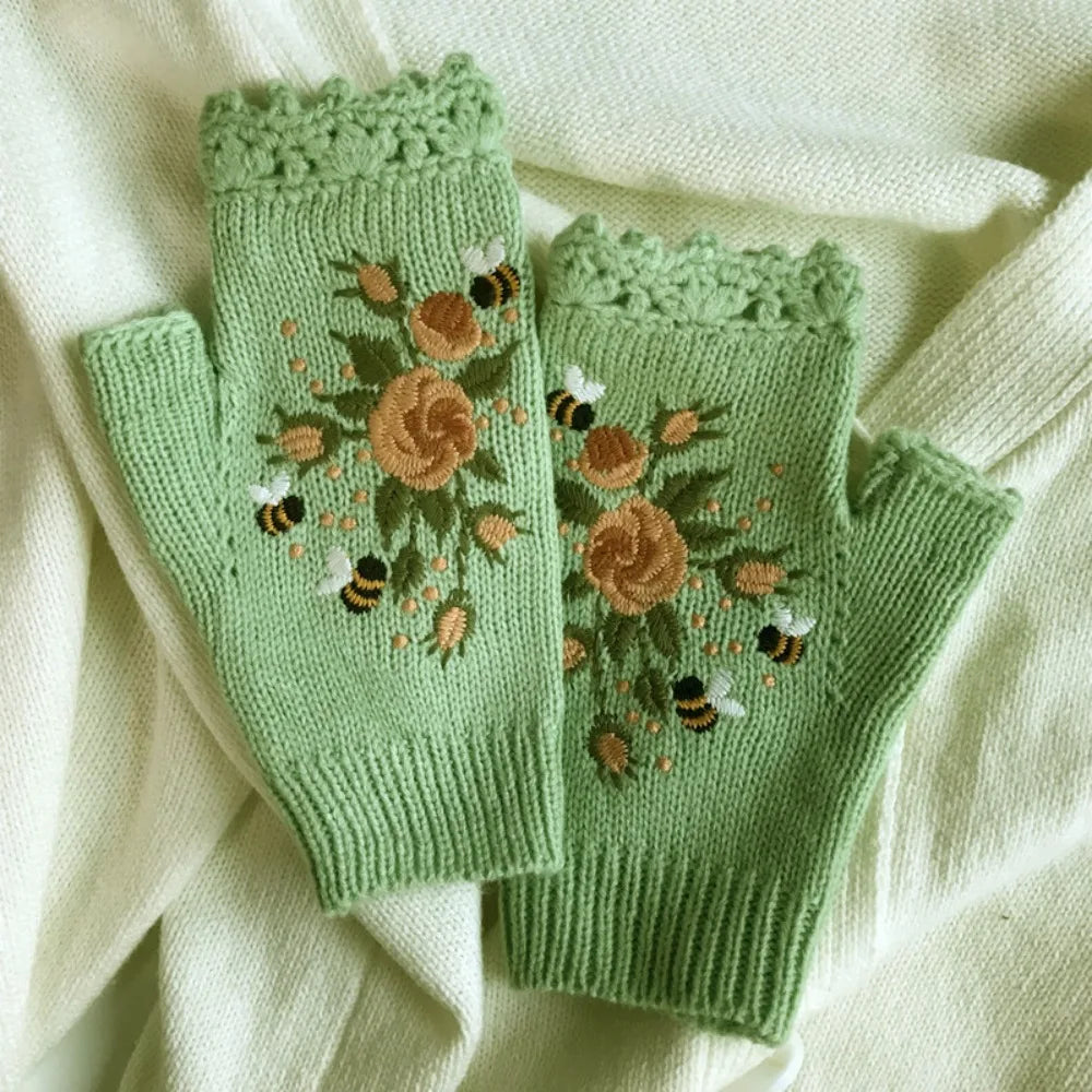 Vintage Embroidery Knitted Fingerless Gloves