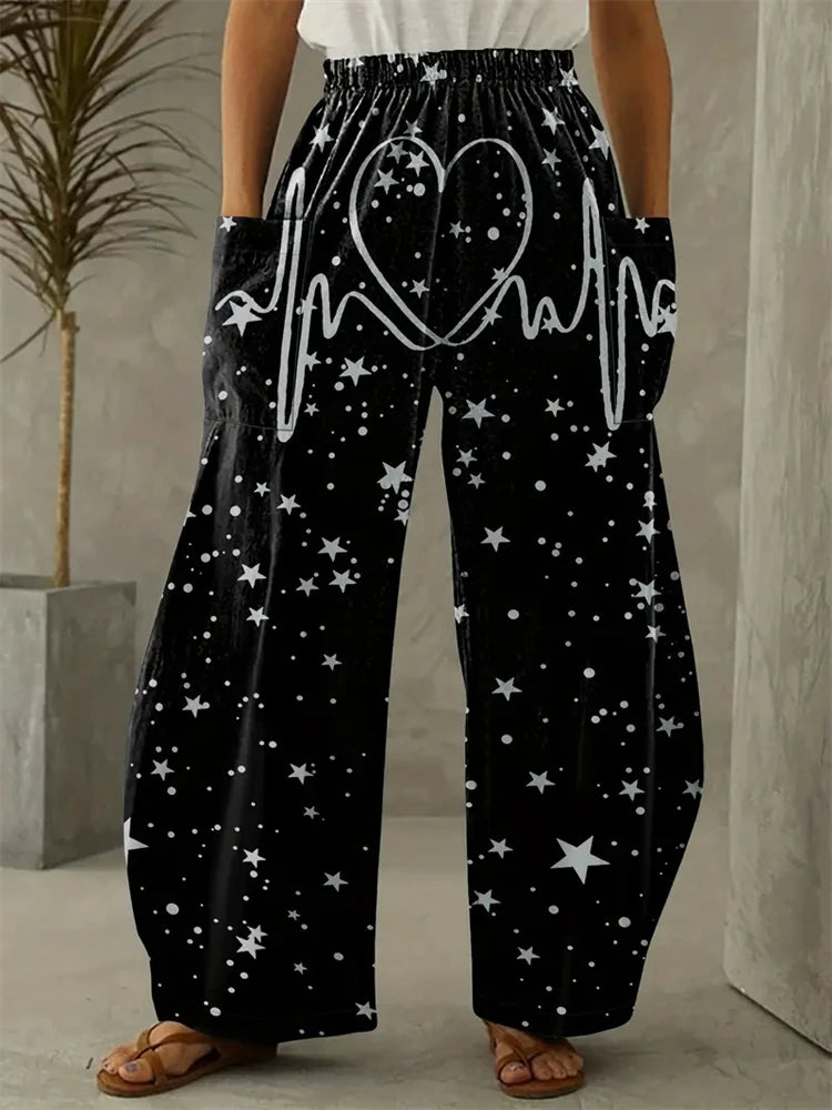Wide-legged Pants Elegant Sun, Moon And Star Print