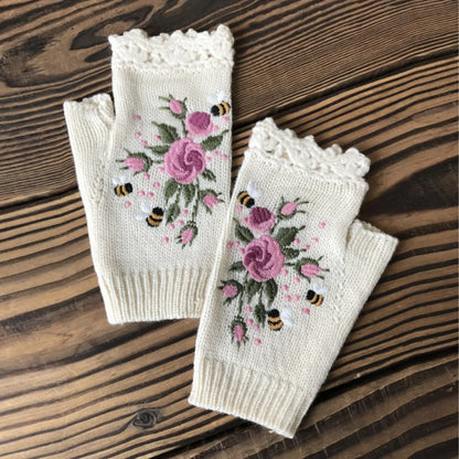 Vintage Embroidery Knitted Fingerless Gloves