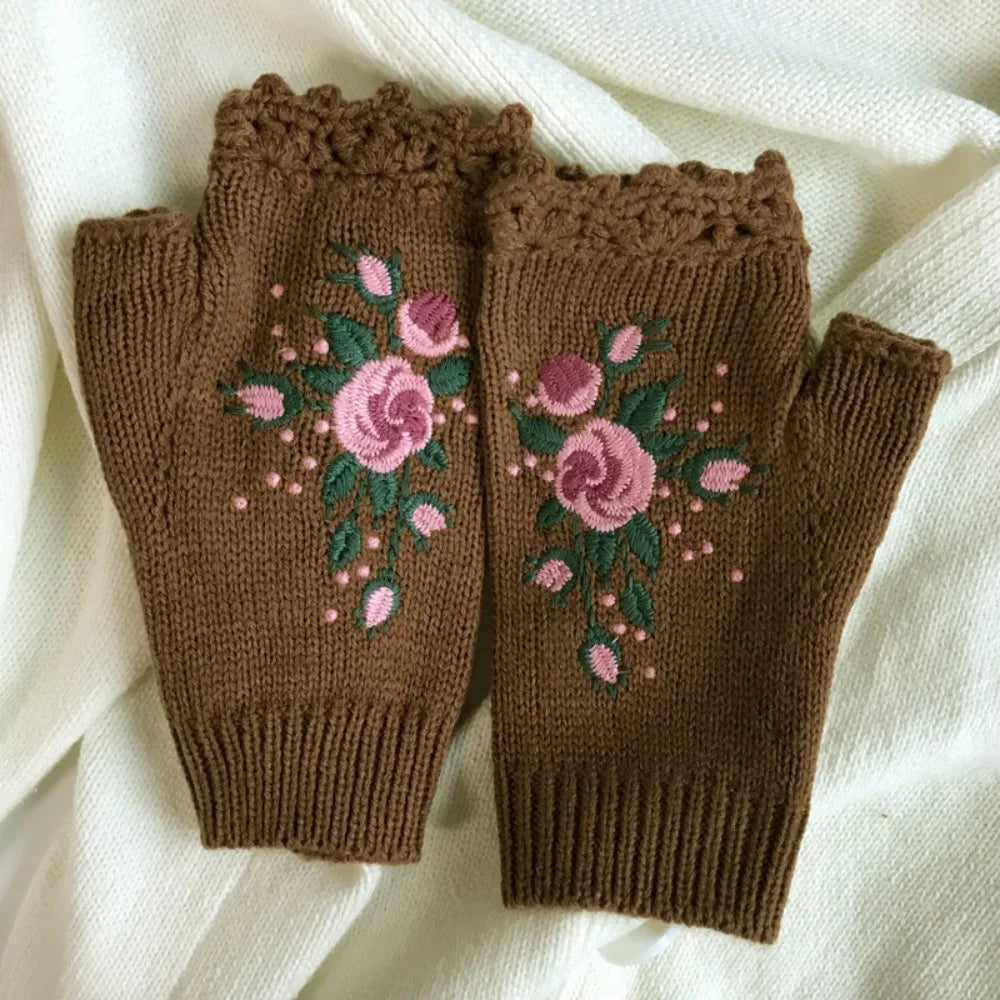 Vintage Embroidery Knitted Fingerless Gloves