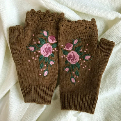 Vintage Embroidery Knitted Fingerless Gloves