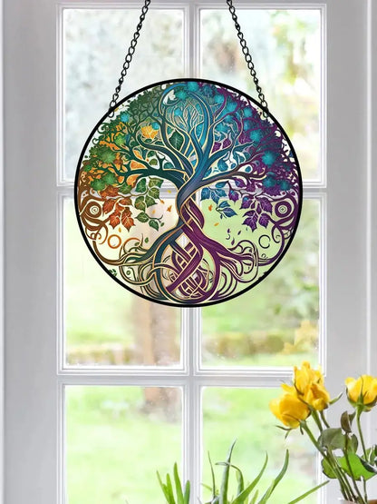 Glass Pattern Tree of Life Decor Stained Suncatcher for Window Hanging Ornament Panel Decor