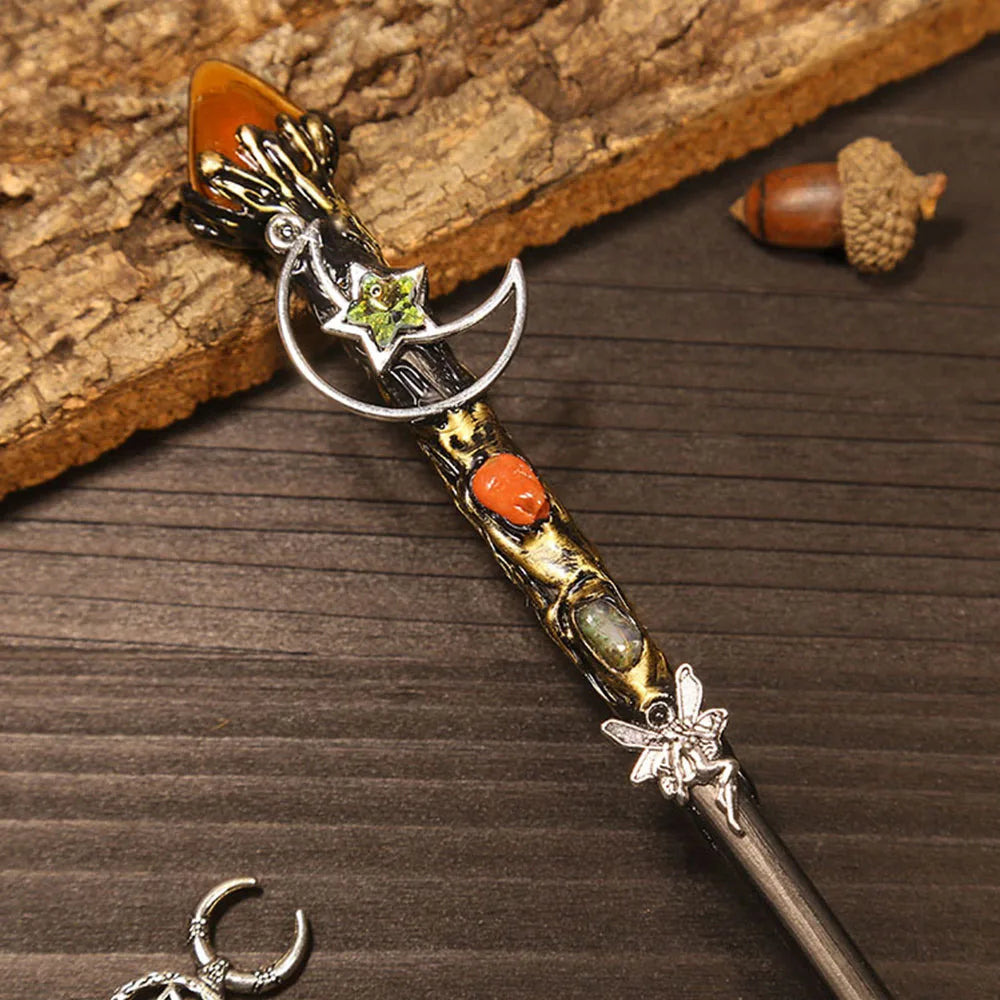 Natural Crystal Wiccan Wand Wood Handmade Unique