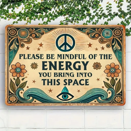 Vintage Metal Sign, 8x12" - Iron Wall Art "Mindful of Energy" Peace Symbol/Flowers Home/Cafe Decor