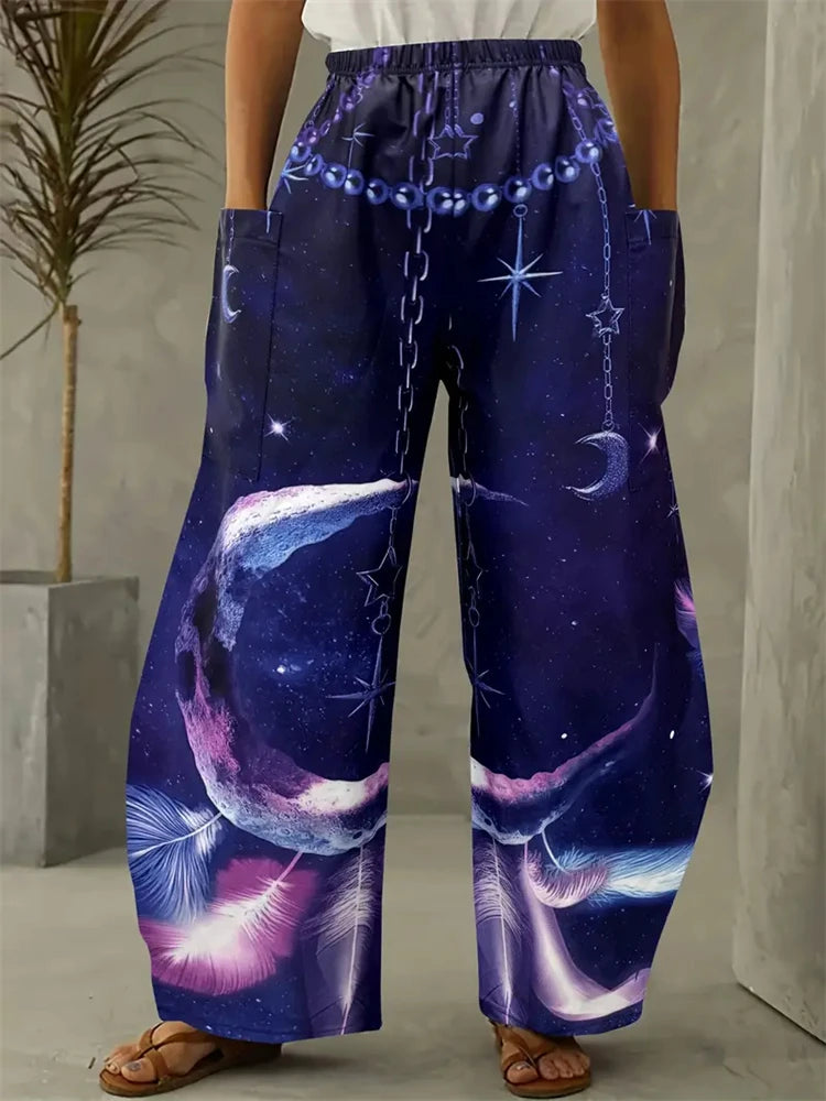 Wide-legged Pants Elegant Sun, Moon And Star Print