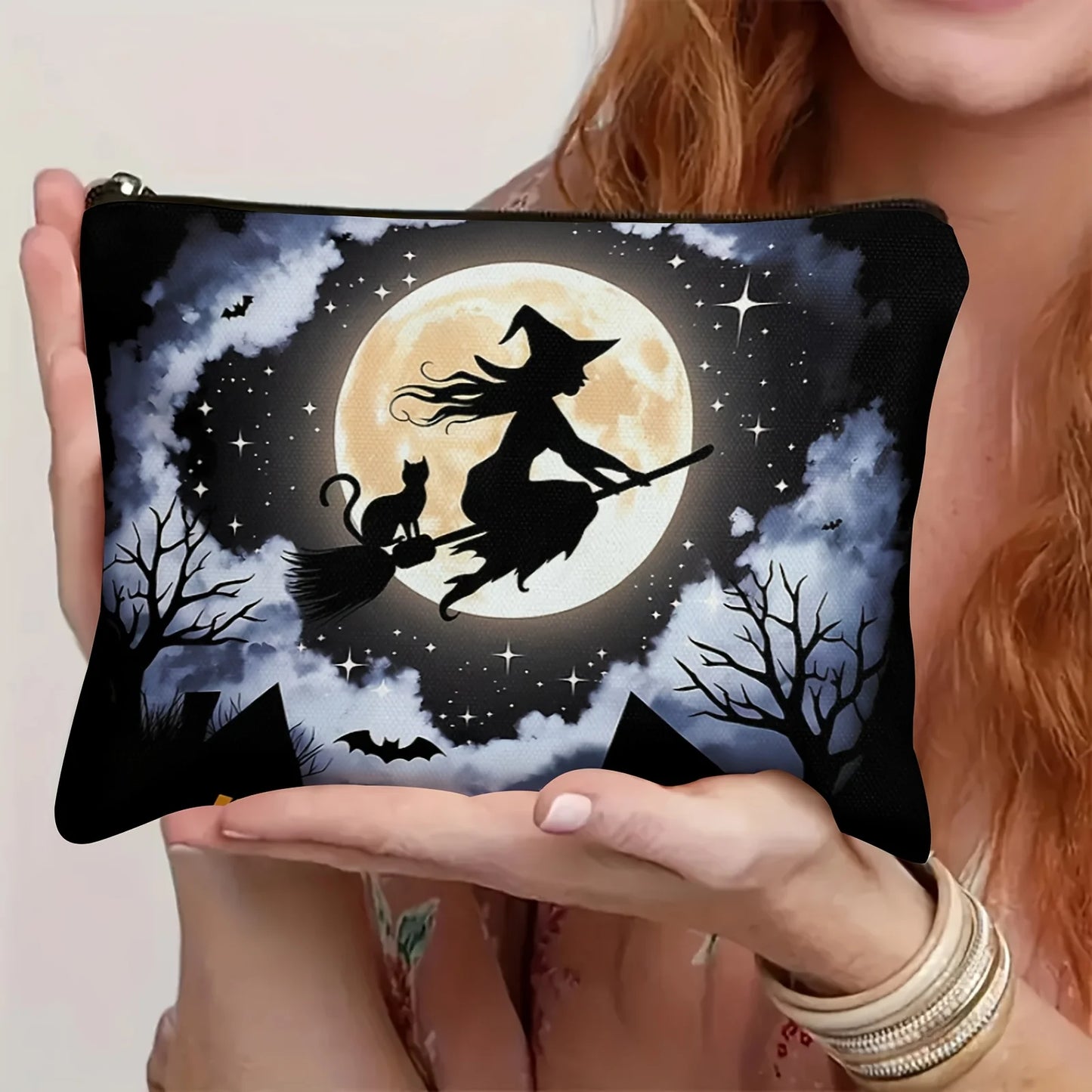 Enchanted Forest Witch and Cat Full Moon Cosmetic Bag