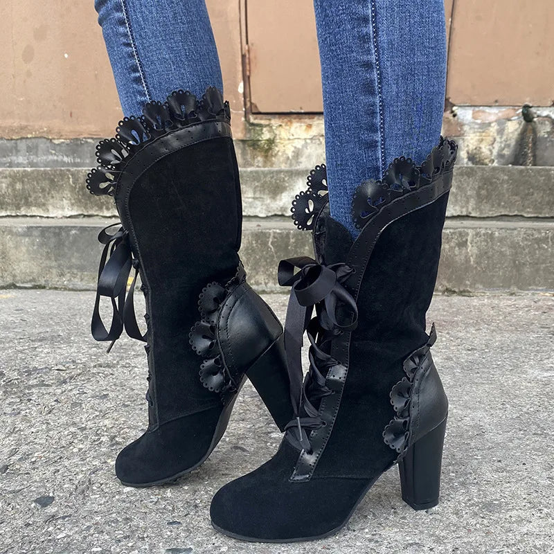 Vintage  Leather Suede Lace Up Mid Calf Boots