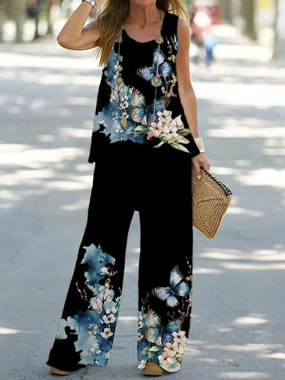 Simple Sleeveless Printed Vest Long Pants Set