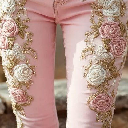 Romantic Pink Rose Flower Print Jeans