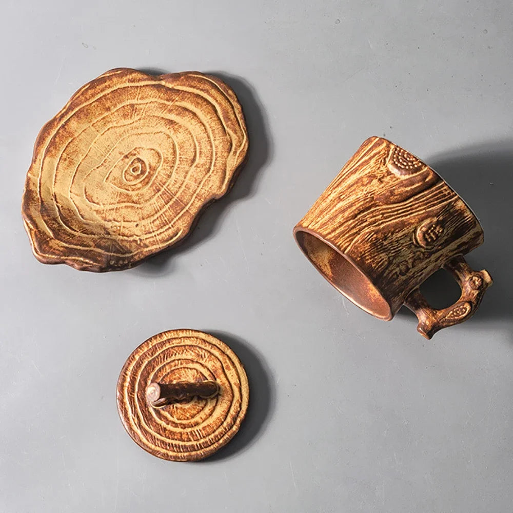 Original Wood Texture Ceramic Coffee Mug with Lid