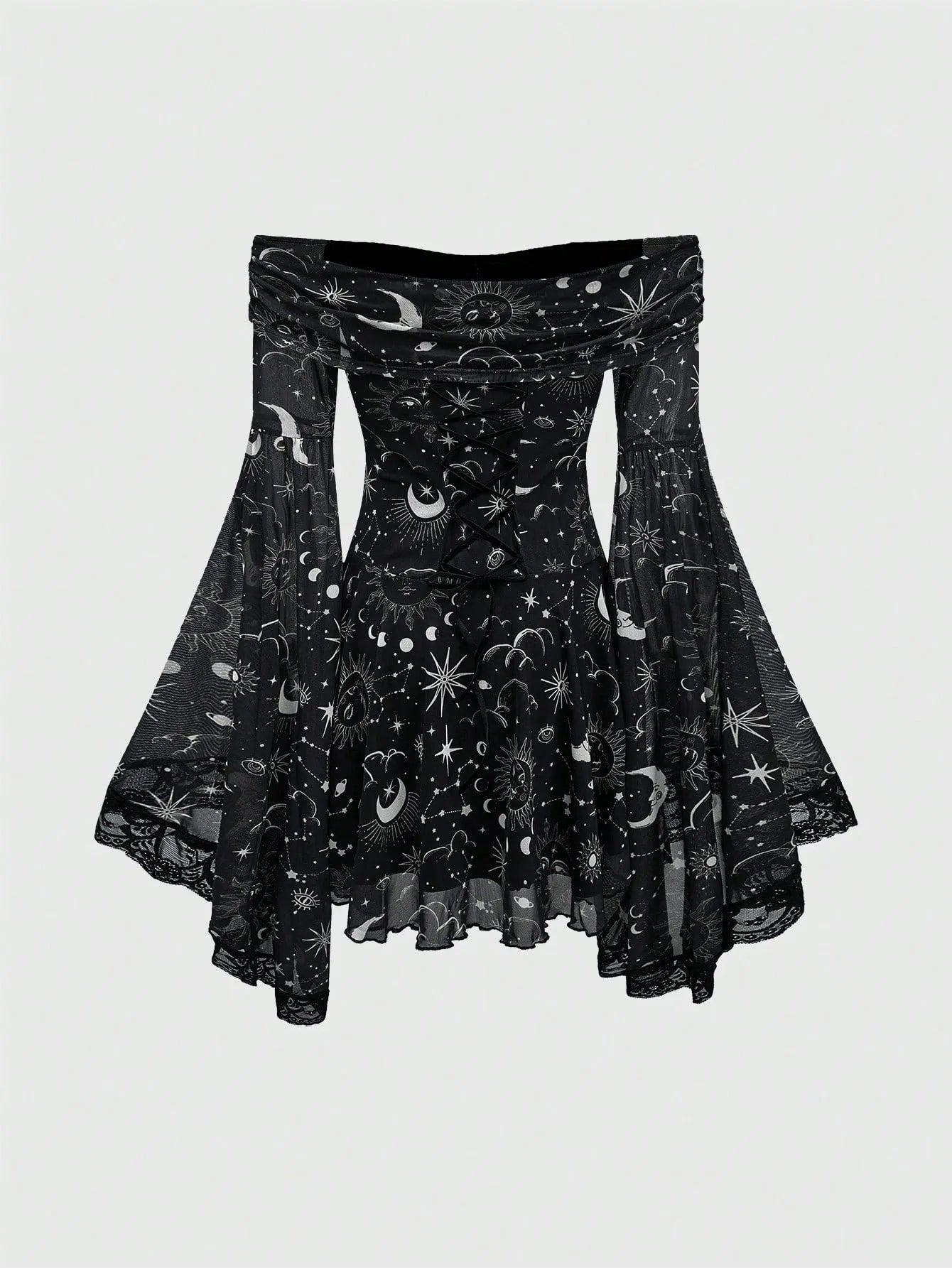 Gothic Style Vintage  Star Moon Long Sleeve A- Line Dress
