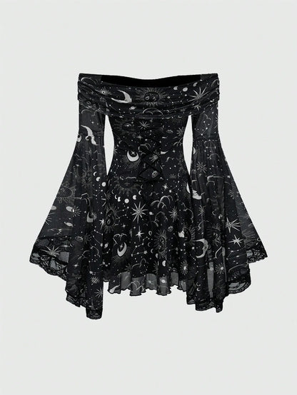 Gothic Style Vintage  Star Moon Long Sleeve A- Line Dress
