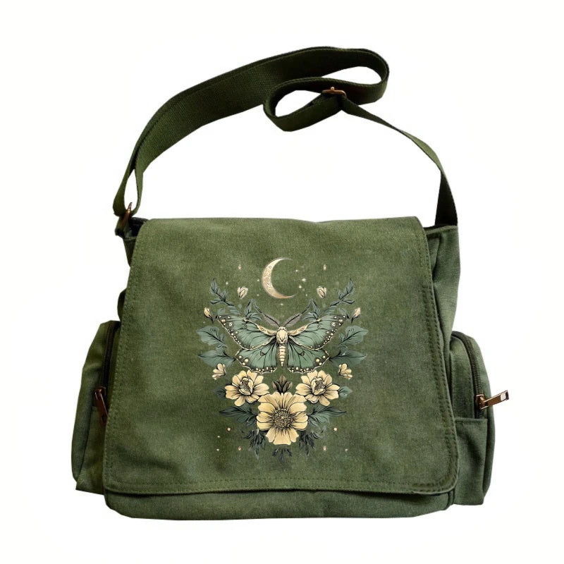 Shoulder Bag Vintage Canvas Moth Butterfly Print Large Capacity