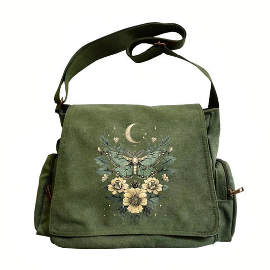 Shoulder Bag Vintage Canvas Moth Butterfly Print Large Capacity