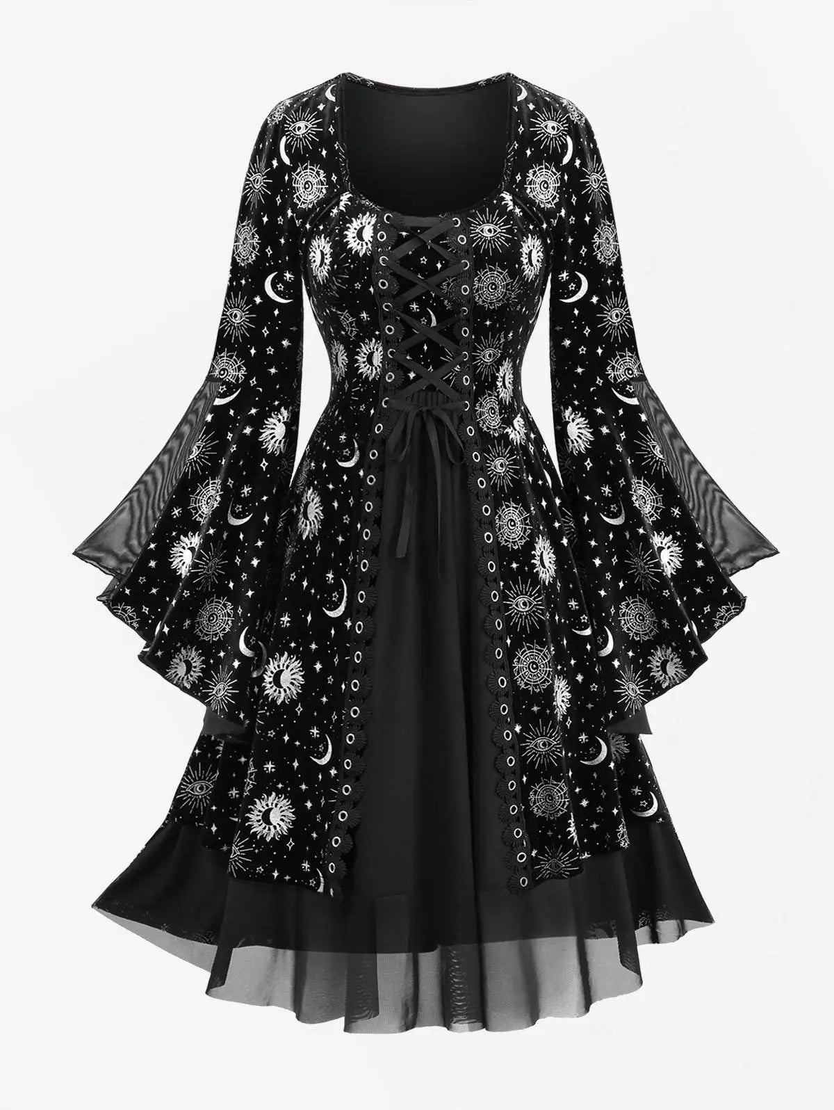 Gothic Sun Moon Star Printed Dress