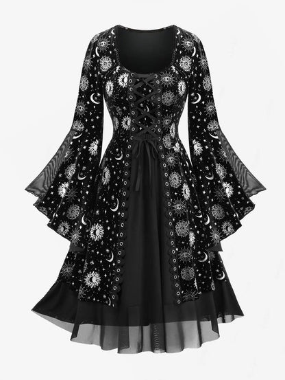 Gothic Sun Moon Star Printed Dress