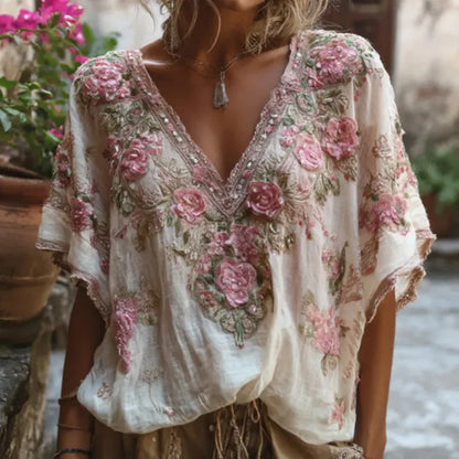 Floral Print Loose Tops Casual V-neck Short Sleeve