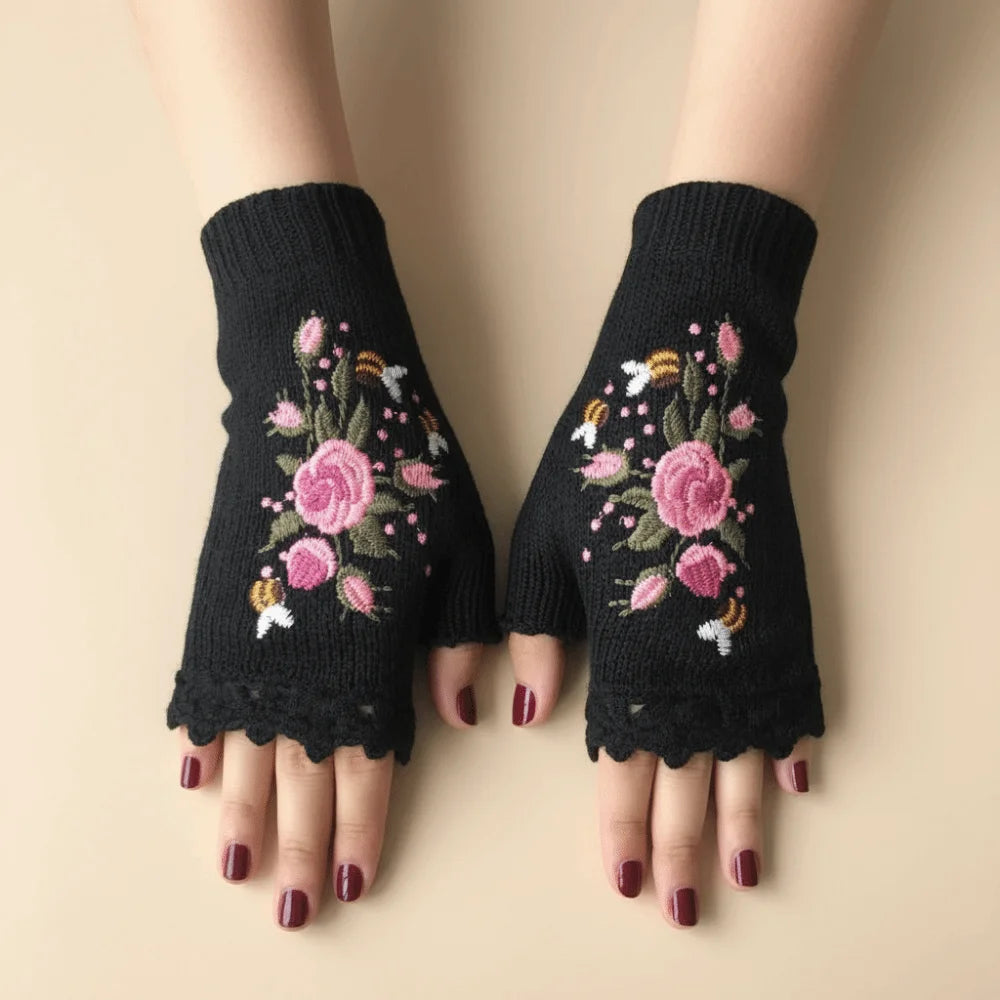 Vintage Embroidery Knitted Fingerless Gloves