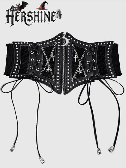 1-piece set of women's black hollow mesh cross chain cross metal accessories decorated with dark punk style waist waistband