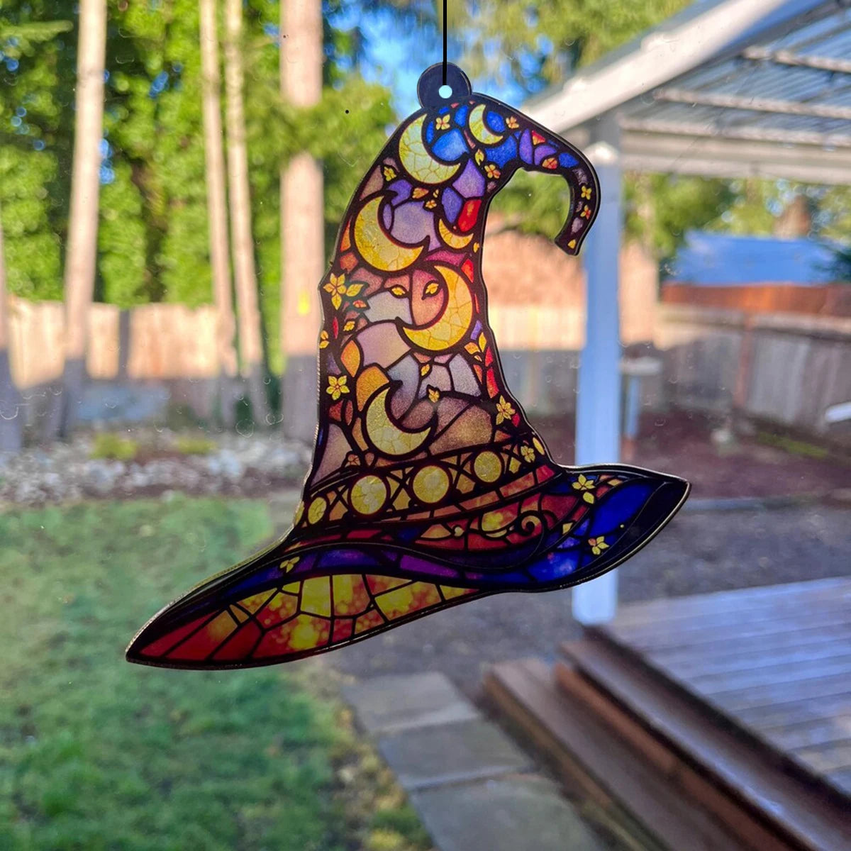 Halloween Witch Hat Window Hanging Acrylic Sun Catchers Hat Shaped with Moon & Floral Pendant Wall Decortions for Home & Garden