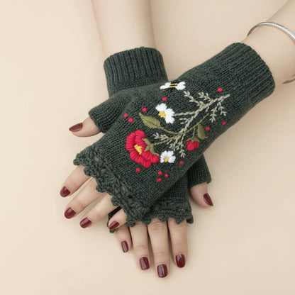 Vintage Embroidery Knitted Fingerless Gloves
