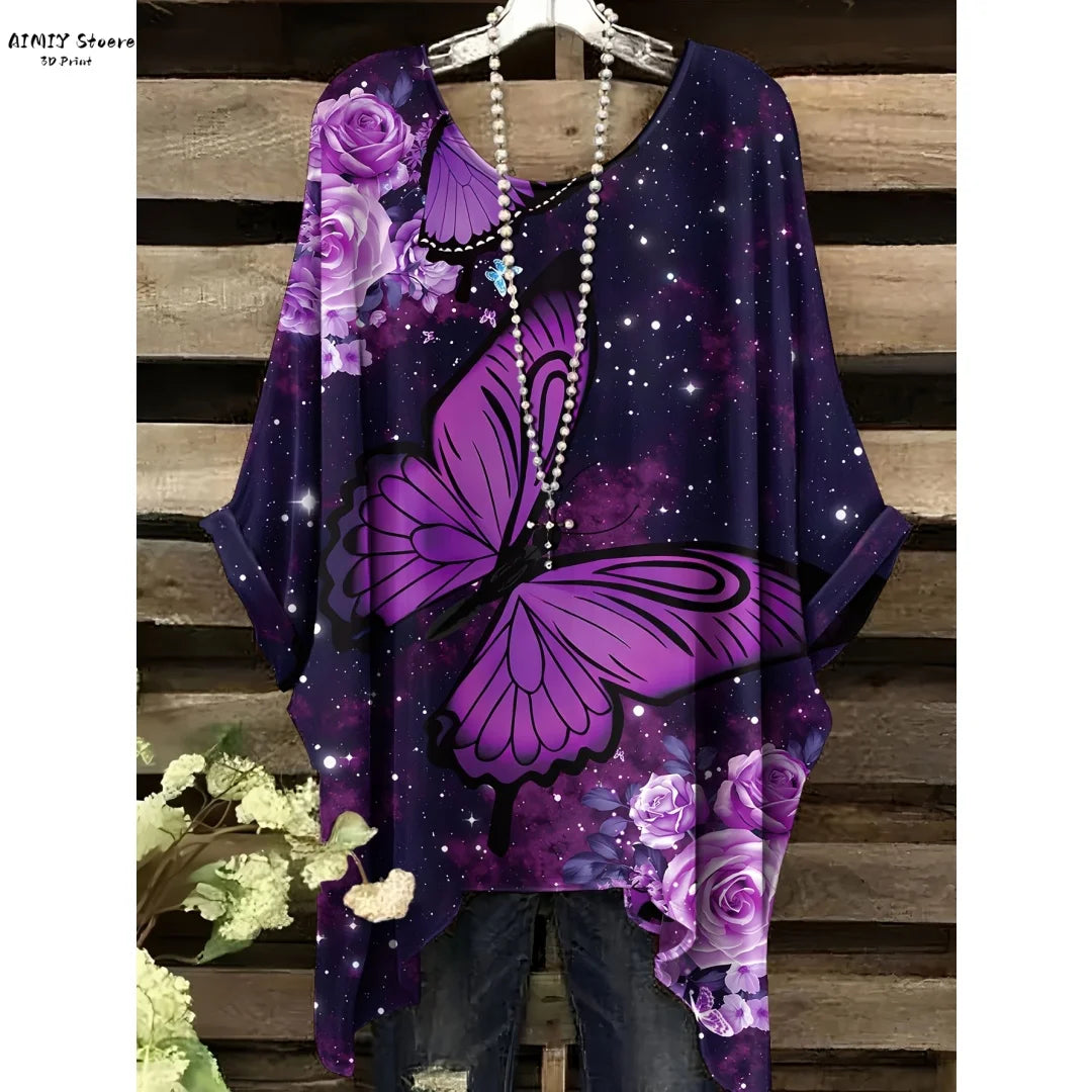 Butterfly Flower Pattern Printed Tail Hem Round Neck T-Shirt