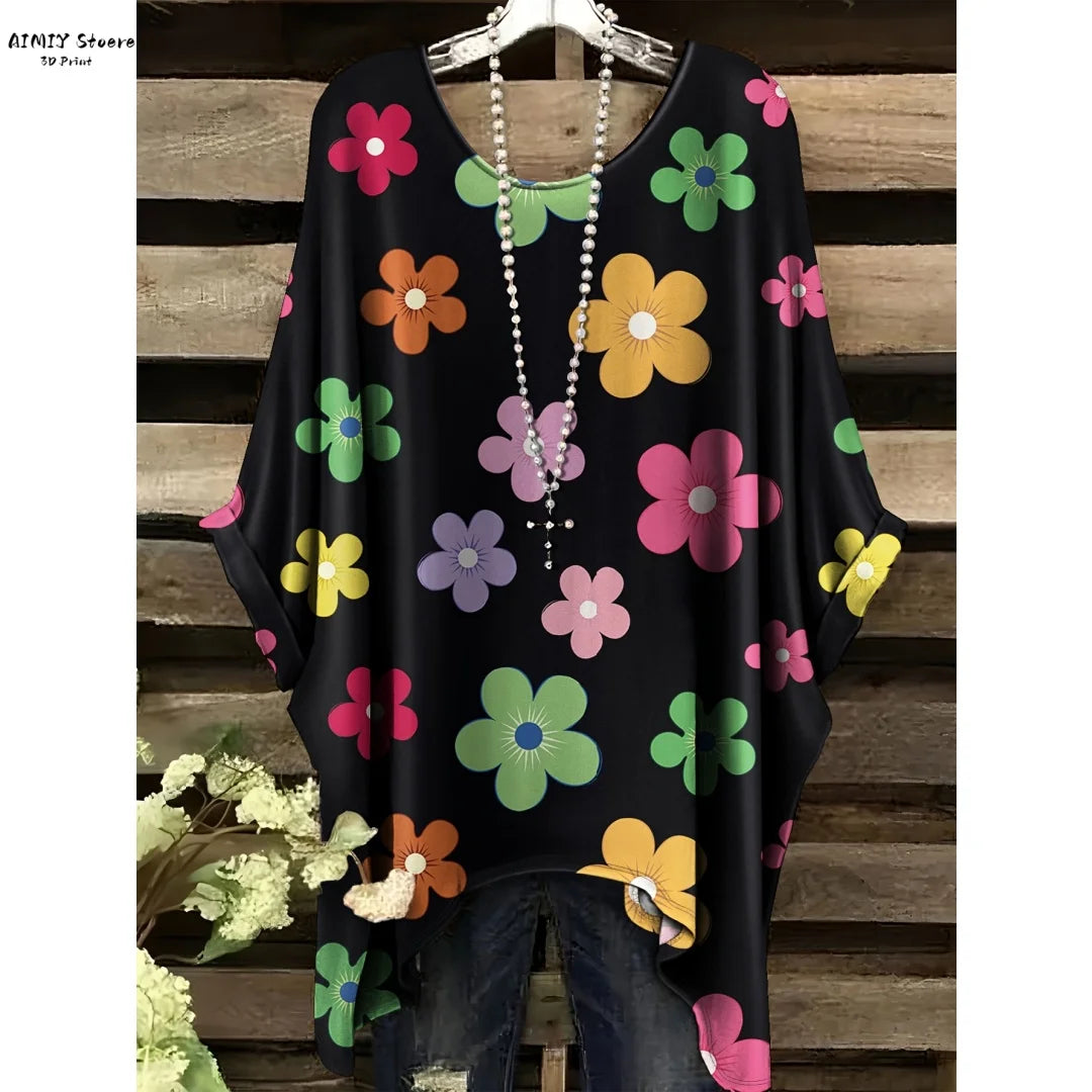 Butterfly Flower Pattern Printed Tail Hem Round Neck T-Shirt