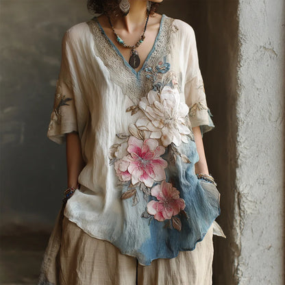 Floral Print Loose Tops Casual V-neck Short Sleeve