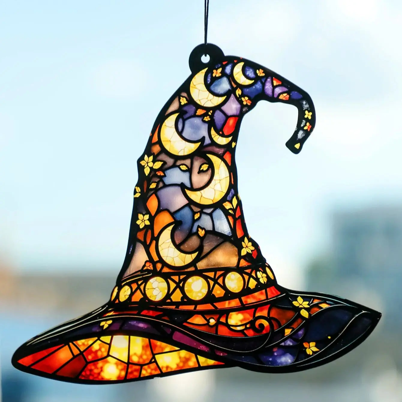 Halloween Witch Hat Window Hanging Acrylic Sun Catchers Hat Shaped with Moon & Floral Pendant Wall Decortions for Home & Garden