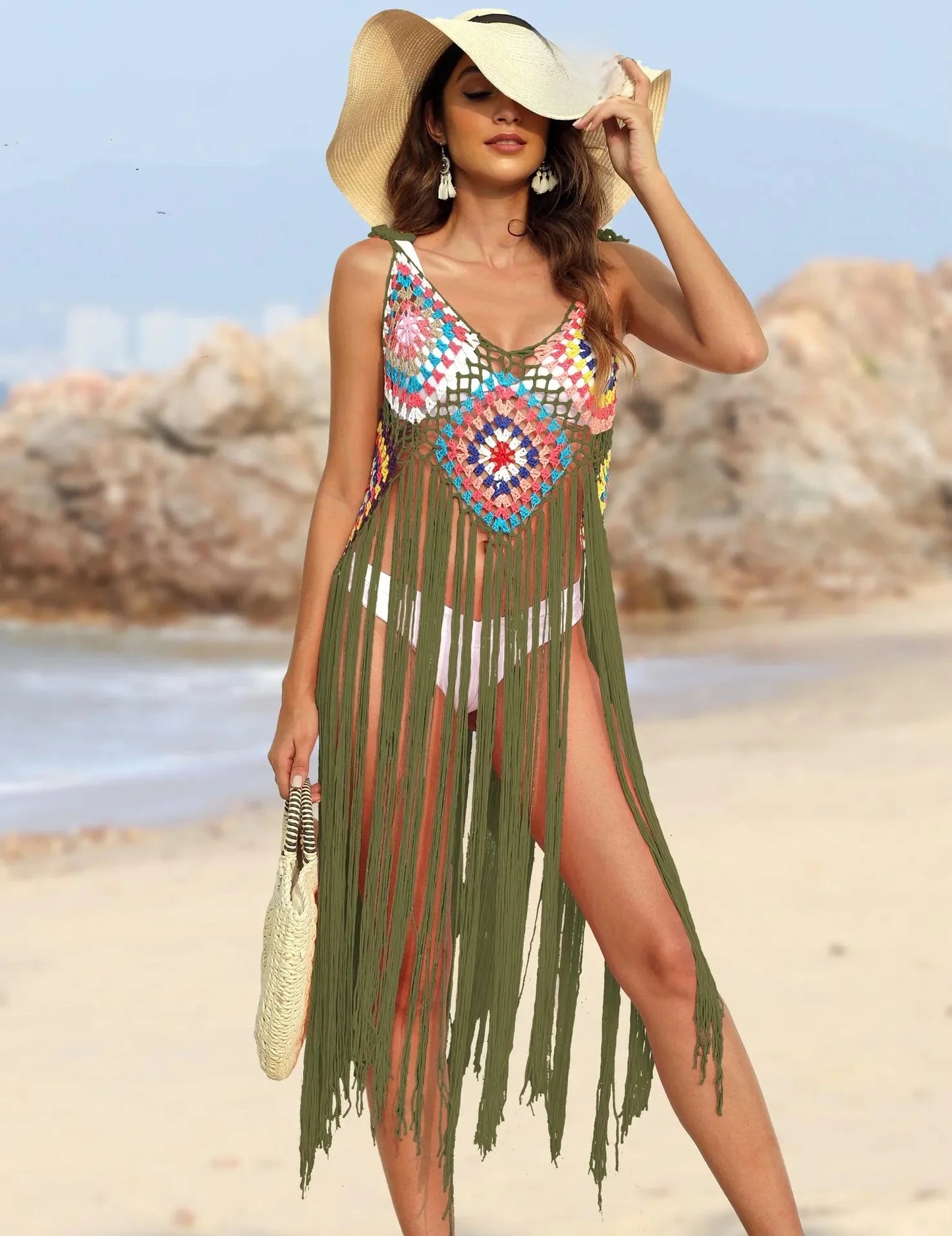 Hand Hooked  Long Tassel Beach Cover up