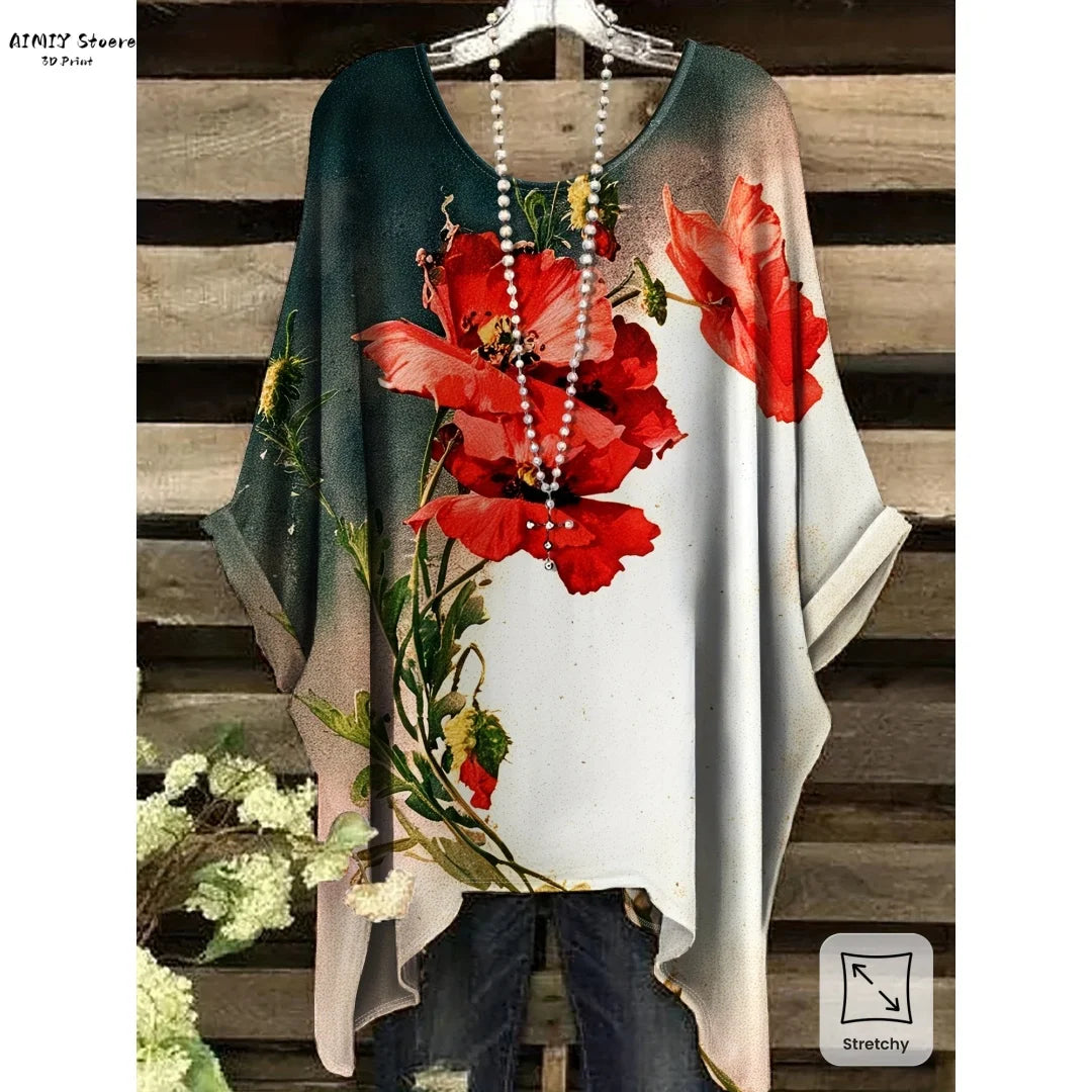 Butterfly Flower Pattern Printed Tail Hem Round Neck T-Shirt