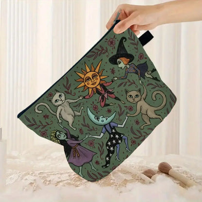 Forest Night Makeup Bag Whimsical Witch Cat and Moon Design