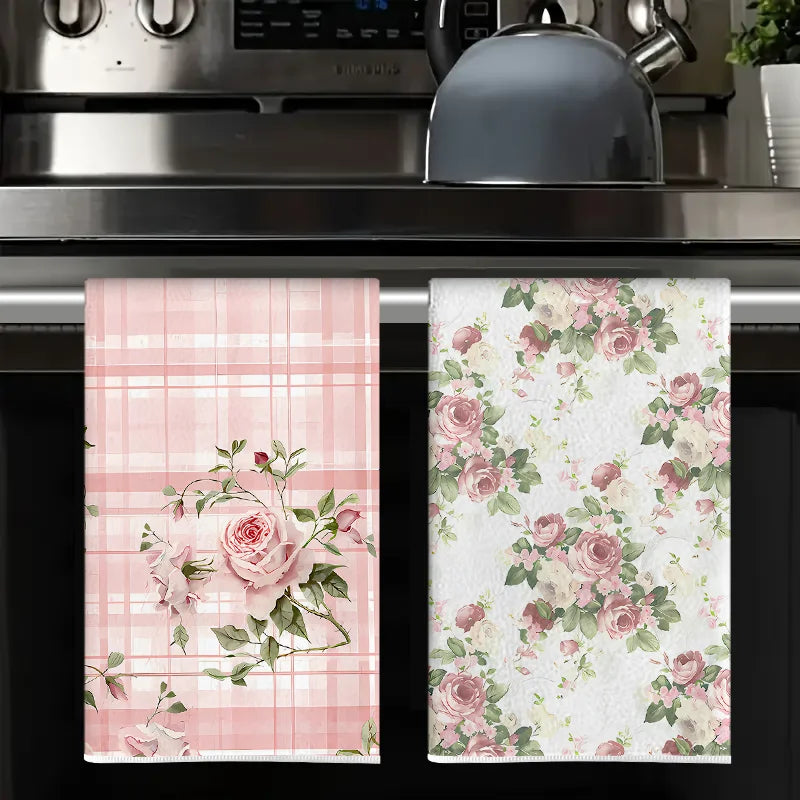 Pink Rose Plaid and All-Over Floral Kitchen Towels